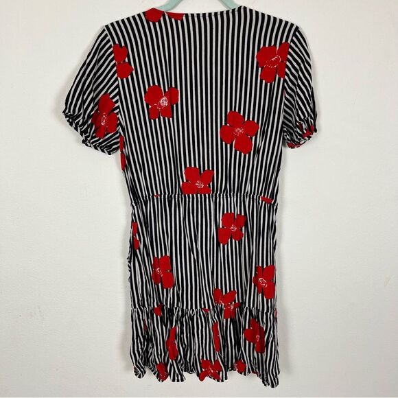 Madewell Black & White Stripe Red Floral Wrap Dress- Ruffle Skirt- Size 8 - Picture 7 of 7